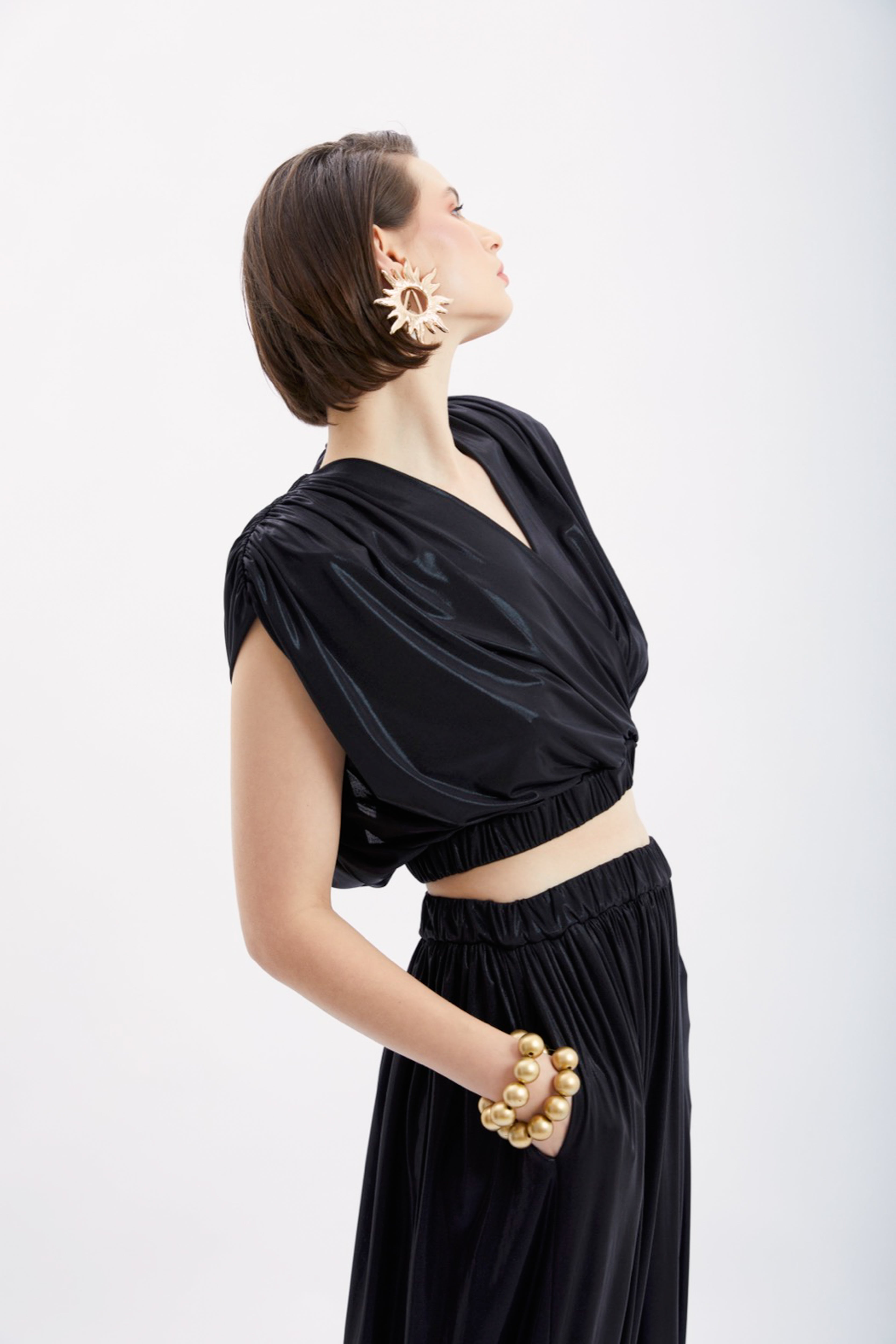 JASMINE SHINNY TOP&amp;BAGGY PANTS SET BLACK
