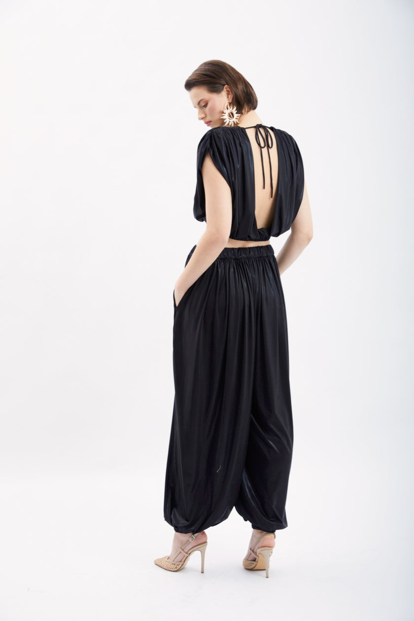 JASMINE SHINNY TOP&BAGGY PANTS SET BLACK